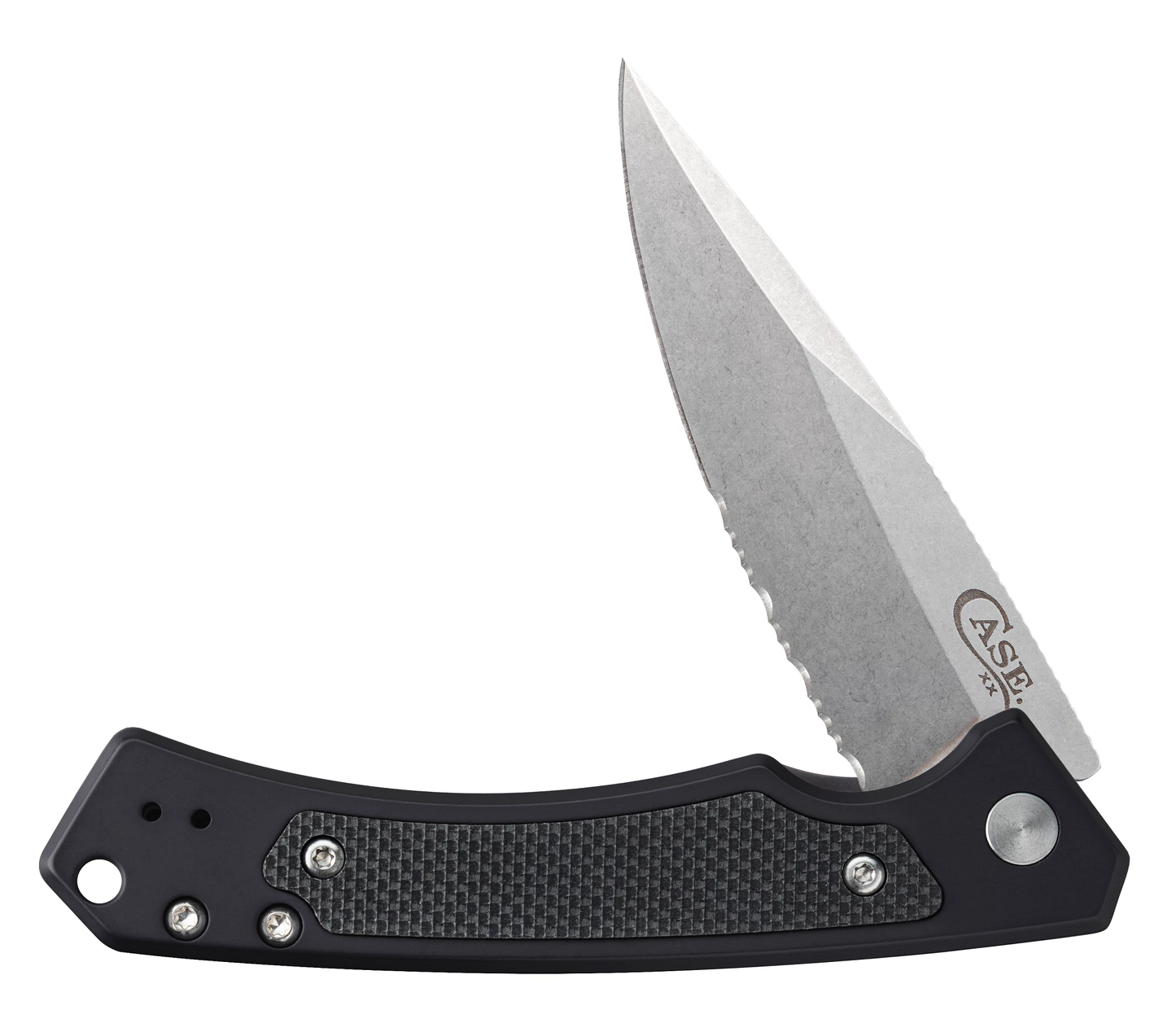 Black Aluminum Marilla Frame Lock with S35VN Stainless Serrated Blade