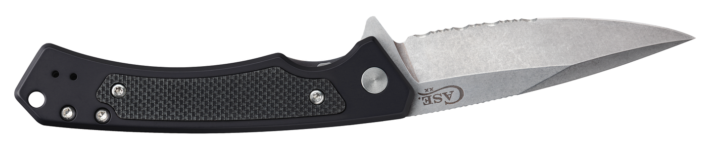 Black Aluminum Marilla Frame Lock with S35VN Stainless Serrated Blade