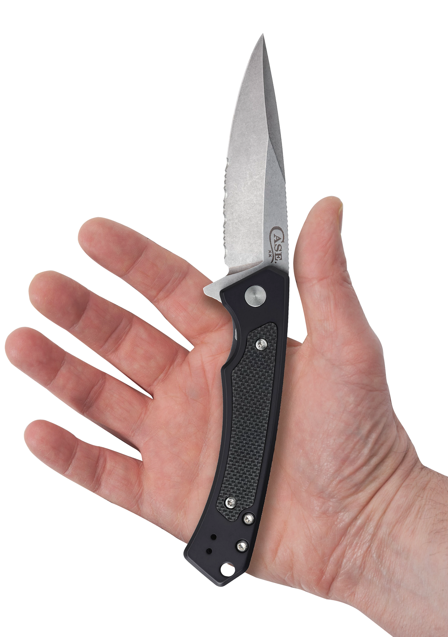 Black Aluminum Marilla Frame Lock with S35VN Stainless Serrated Blade