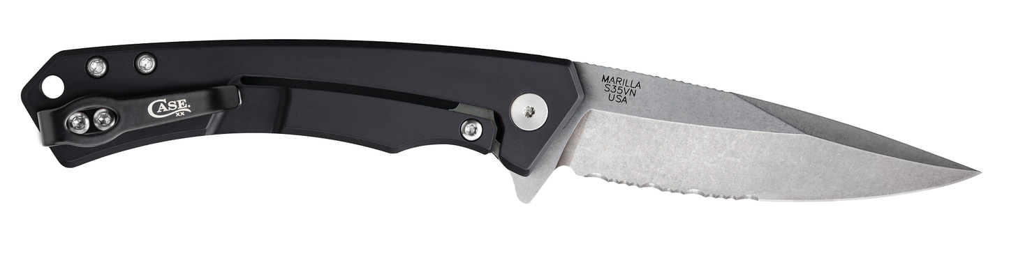 Black Aluminum Marilla Frame Lock with S35VN Stainless Serrated Blade