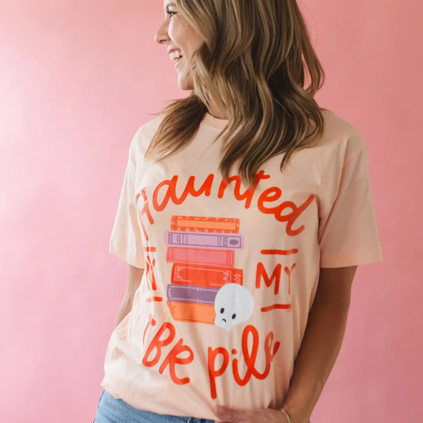 Haunted By My Tbr Pile - Pippi Tee - Peachy Pink