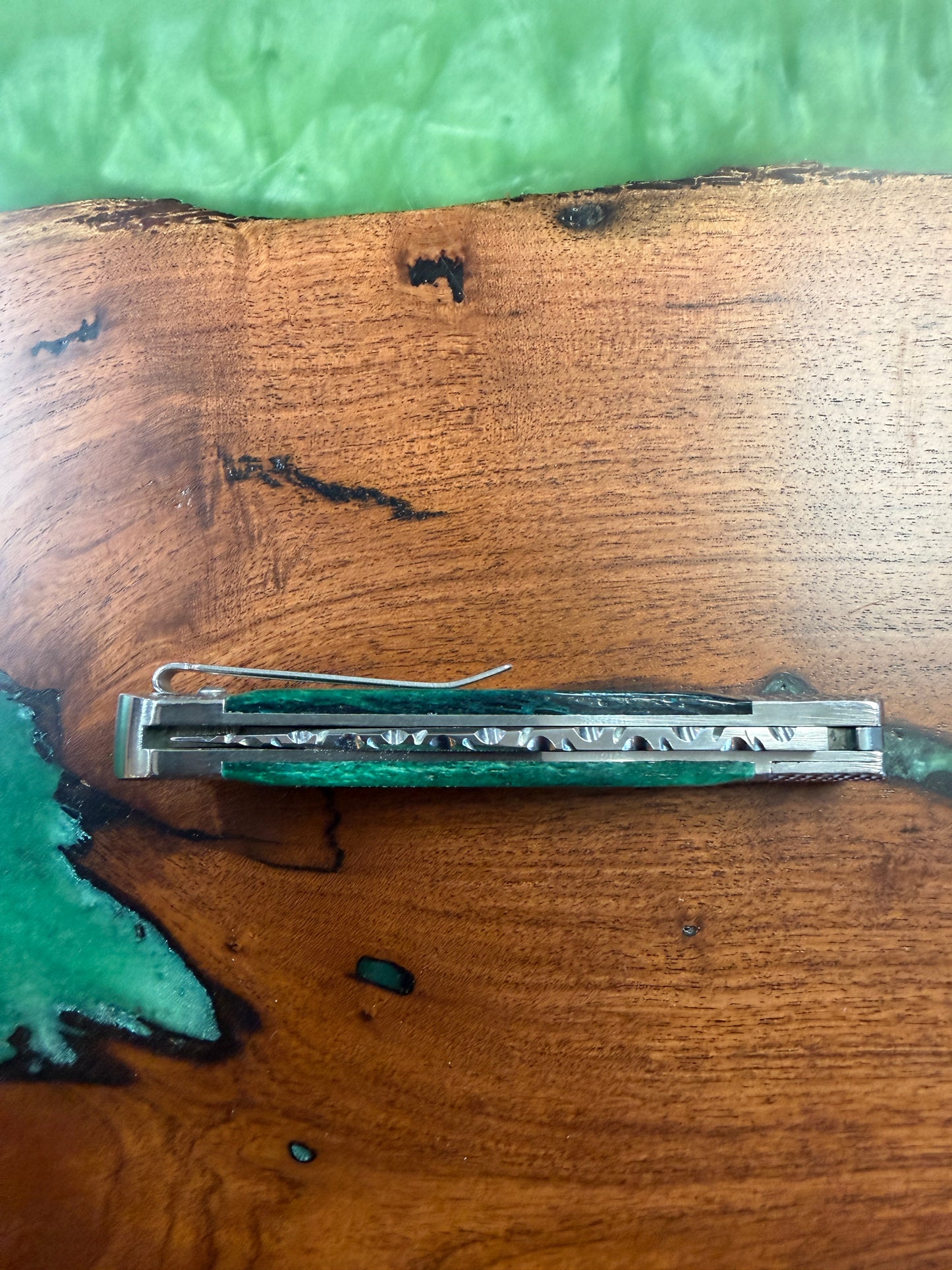 Trapper Hidden Release Green Giraffe Bone Handles