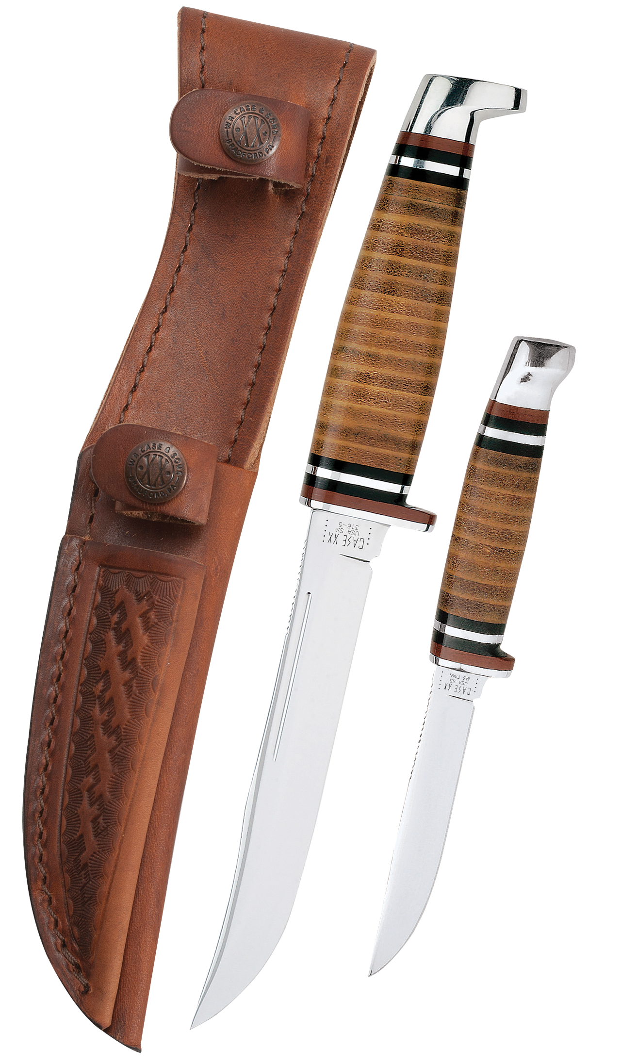 Leather Hunter Two Knife Hunting Set with Leather Sheath