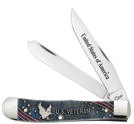 U.S. Veteran Gift Set Embellished Smooth Natural Bone with Blue and Red Color Wash Trapper (In Velvet Box)