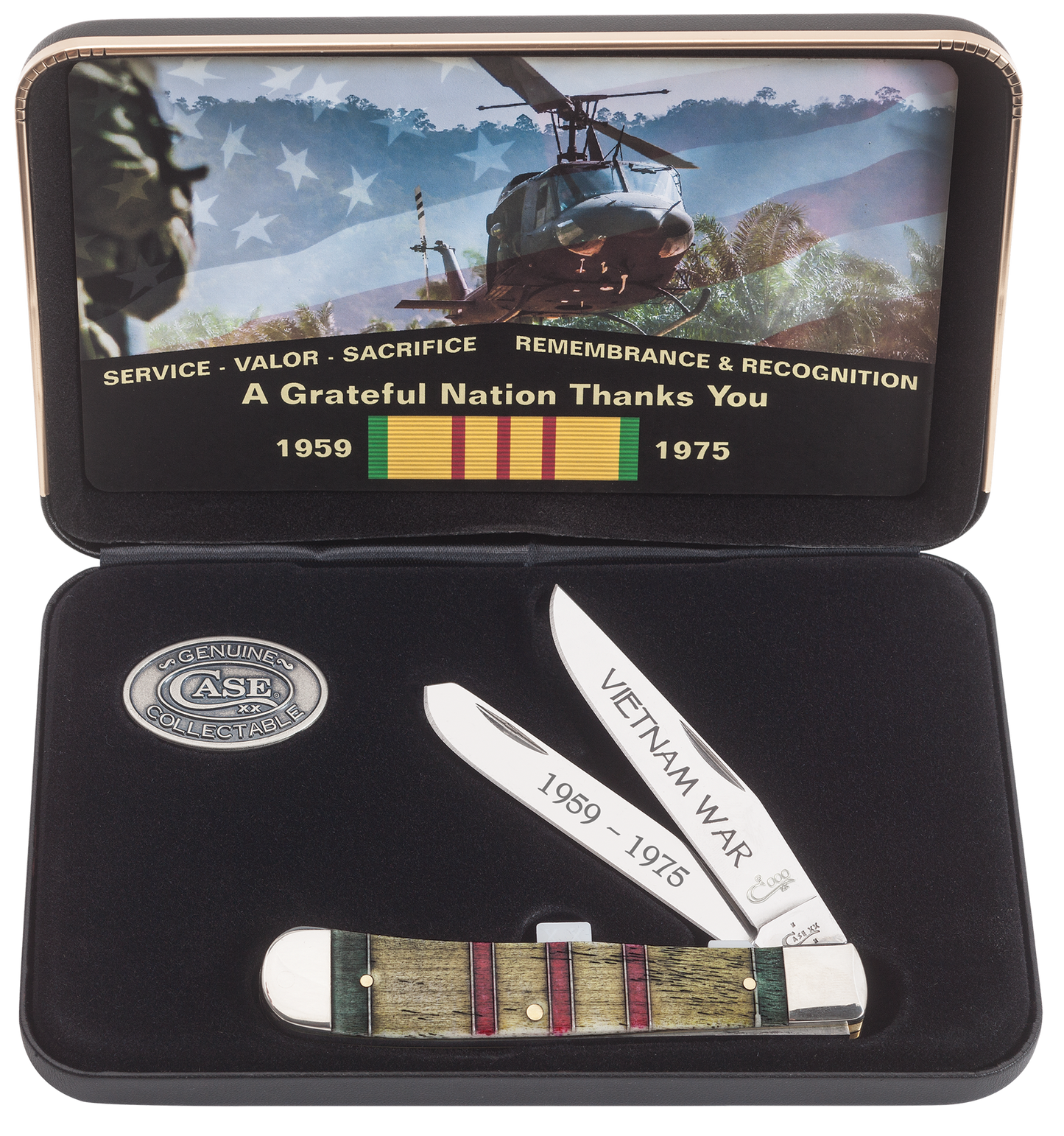 Vietnam War Gift Set Smooth Natural Bone with Green, Yellow and Red Color Wash Trapper in Jewel Box