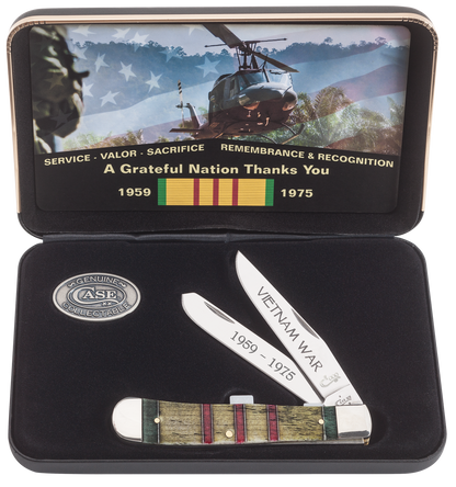 Vietnam War Gift Set Smooth Natural Bone with Green, Yellow and Red Color Wash Trapper in Jewel Box