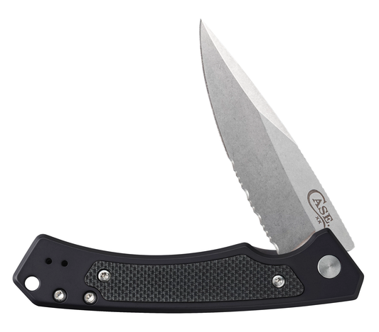 Black Aluminum Marilla Frame Lock with S35VN Stainless Serrated Blade