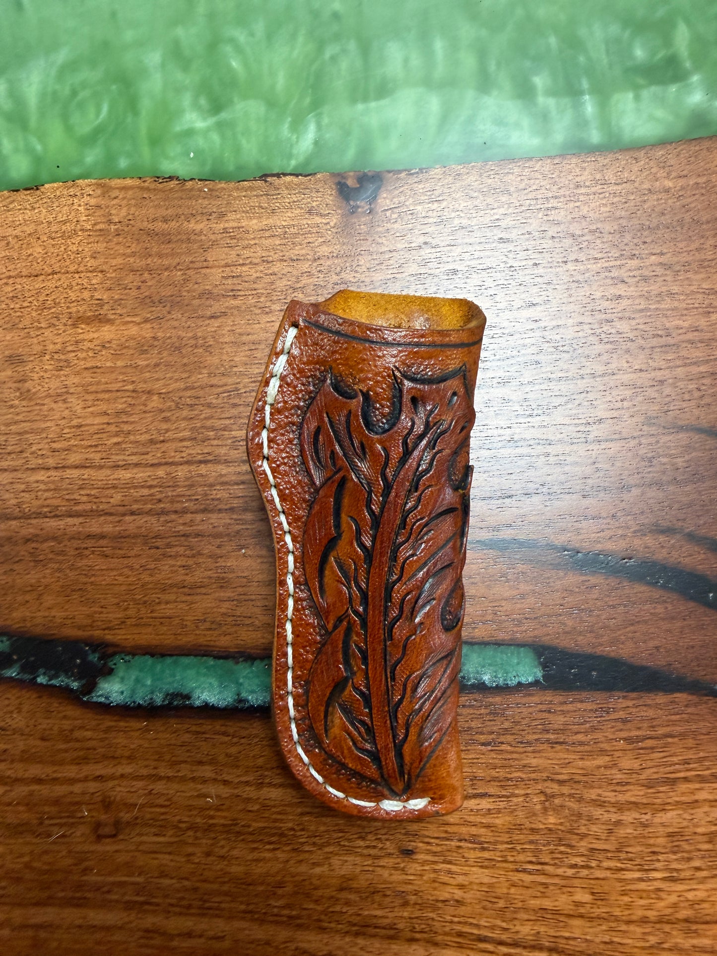 #22 Handmade Vertical Leather Sheath with Hand Tooled Oak Leaf